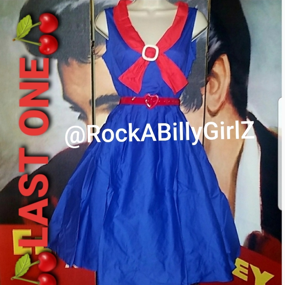 Lindy Bop Paige Blue 1950's Valentine's Day Pinup Dress w Red Heart Shape Belt